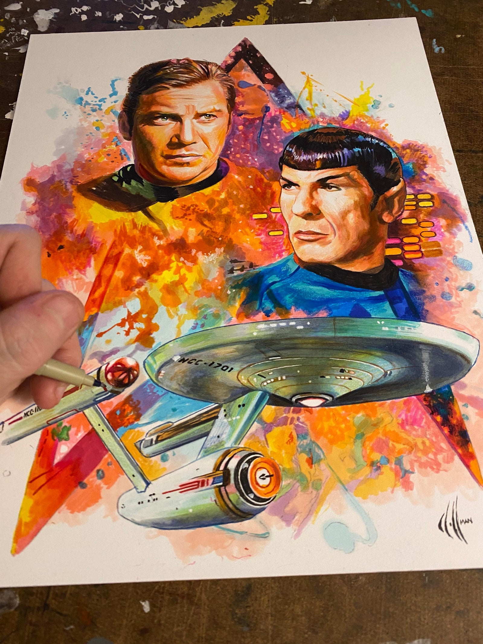 Classic Drawing of Star Trek with Captain James T Kirk and Spock